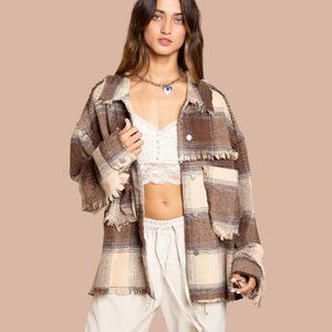 POL Brown Plaid Fringe Button Down Jacket
